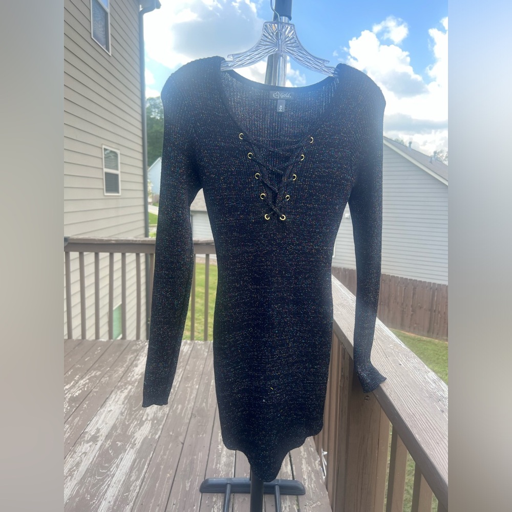 Black long sleeve sweater dress multicolor sparkles and gold groomets size M